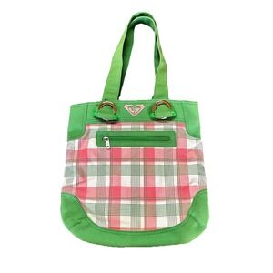 Y2K Roxy Tote Bag Pink and Green Plaid Canvas Shoulder Bag Beach Bag
